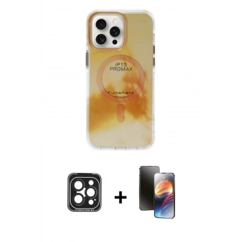 MARSİLYAN™- iPhone 15 Pro Max Kılıf Ufuk Doku Prime - Siyah 3D Antistatik Mat Seramik Nano Ekran Koruyucu + PVD Metal Kamera Lens - SH