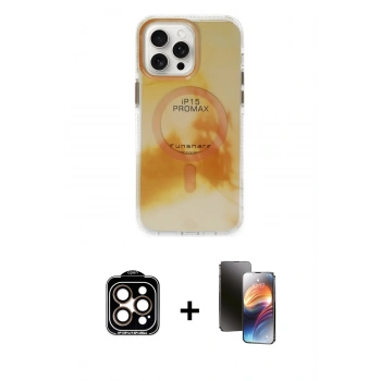 MARSİLYAN™- iPhone 15 Pro Max Kılıf Ufuk Doku Prime - Siyah 3D Antistatik Mat Seramik Nano Ekran Koruyucu + PVD Metal Kamera Lens - TU