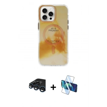 MARSİLYAN™- iPhone 15 Pro Max Kılıf Ufuk Doku Prime - Siyah 3D Antistatik Seramik Nano Ekran Koruyucu + Raze Metal Kamera Lens - LT