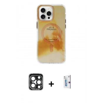MARSİLYAN™- iPhone 15 Pro Max Kılıf Ufuk Doku Prime - Siyah Bilvis 0.18mm Plus Cam Ekran Koruyucu + PVD Metal Kamera Lens - LT