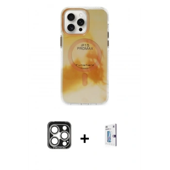 MARSİLYAN™- iPhone 15 Pro Max Kılıf Ufuk Doku Prime - Siyah Bilvis 0.18mm Plus Cam Ekran Koruyucu + PVD Metal Kamera Lens - GS