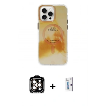 MARSİLYAN™- iPhone 15 Pro Max Kılıf Ufuk Doku Prime - Siyah Bilvis 0.18mm Plus Cam Ekran Koruyucu + PVD Metal Kamera Lens - TU
