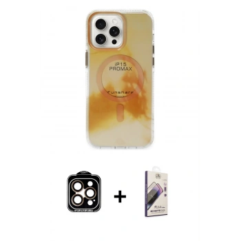 MARSİLYAN™- iPhone 15 Pro Max Kılıf Ufuk Doku Prime - Siyah Bilvis 3D Mat Cam Ekran Koruyucu + PVD Metal Kamera Lens - TU