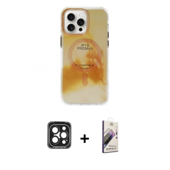 MARSİLYAN™- iPhone 15 Pro Max Kılıf Ufuk Doku Prime - Siyah Bilvis 3D Mat Cam Ekran Koruyucu + PVD Metal Kamera Lens - SH