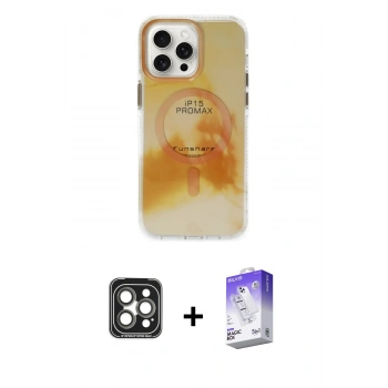 MARSİLYAN™- iPhone 15 Pro Max Kılıf Ufuk Doku Prime - Siyah Bilvis 5in1 3D Magic Cam Ekran Koruyucu + PVD Metal Kamera Lens - GI