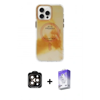 MARSİLYAN™- iPhone 15 Pro Max Kılıf Ufuk Doku Prime - Siyah Bilvis 5in1 3D Magic Cam Ekran Koruyucu + PVD Metal Kamera Lens - TU