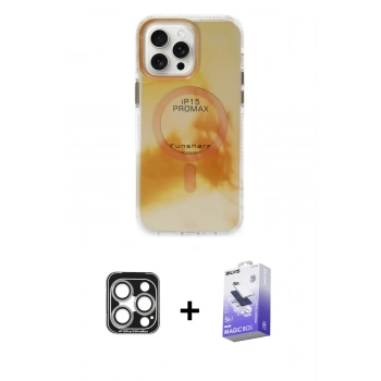 MARSİLYAN™- iPhone 15 Pro Max Kılıf Ufuk Doku Prime - Siyah Bilvis 5in1 5D Magic Hayalet Cam Ekran Koruyucu + PVD Metal Kamera Lens - GS