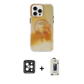 MARSİLYAN™- iPhone 15 Pro Max Kılıf Ufuk Doku Prime - Siyah Bilvis Hayalet Cam Ekran Koruyucu + PVD Metal Kamera Lens - SH