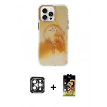 MARSİLYAN™- iPhone 15 Pro Max Kılıf Ufuk Doku Prime - Siyah Buffer Cam Ekran Koruyucu + PVD Metal Kamera Lens - GI