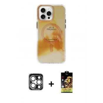 MARSİLYAN™- iPhone 15 Pro Max Kılıf Ufuk Doku Prime - Siyah Buffer Cam Ekran Koruyucu + PVD Metal Kamera Lens - GS