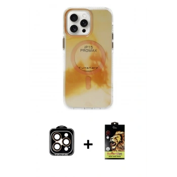 MARSİLYAN™- iPhone 15 Pro Max Kılıf Ufuk Doku Prime - Siyah Buffer Cam Ekran Koruyucu + PVD Metal Kamera Lens - TU