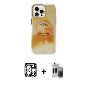 MARSİLYAN™- iPhone 15 Pro Max Kılıf Ufuk Doku Prime - Siyah Vanessa Magic Hayalet Cam + PVD Metal Kamera Lens - GS