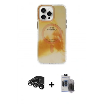 MARSİLYAN™- iPhone 15 Pro Max Kılıf Ufuk Doku Prime - Siyah Vanessa Magic Hayalet Cam + Raze Metal Kamera Lens - GS