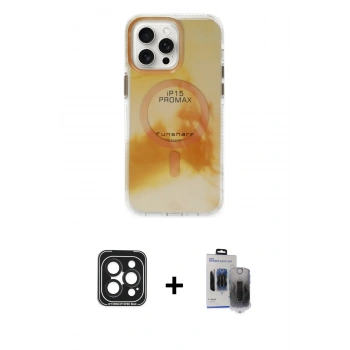 MARSİLYAN™- iPhone 15 Pro Max Kılıf Ufuk Doku Prime - Siyah Vanessa Magic Hayalet Cam + PVD Metal Kamera Lens - SH