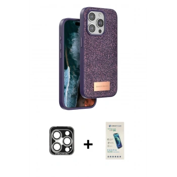 MARSİLYAN™- iPhone 15 Pro Max Kılıf Vadi Klasik Serisi - Şeffaf Pasifik Cam Ekran Koruyucu + PVD Metal Kamera Lens - GS