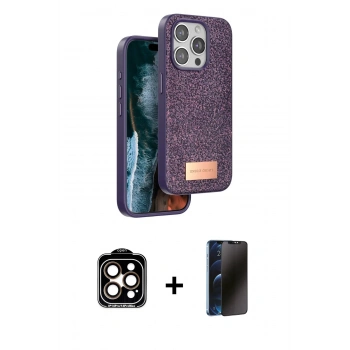 MARSİLYAN™- iPhone 15 Pro Max Kılıf Vadi Klasik Serisi - Siyah 3D Antistatik Hayalet Cam Ekran Koruyucu + PVD Metal Kamera Lens - TU