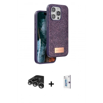 MARSİLYAN™- iPhone 15 Pro Max Kılıf Vadi Klasik Serisi - Siyah Bilvis 0.18mm Plus Cam Ekran Koruyucu + Raze Metal Kamera Lens - GS