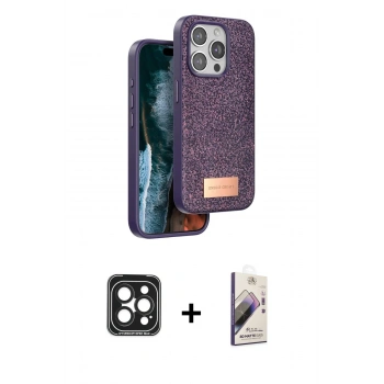 MARSİLYAN™- iPhone 15 Pro Max Kılıf Vadi Klasik Serisi - Siyah Bilvis 3D Mat Cam Ekran Koruyucu + PVD Metal Kamera Lens - SH