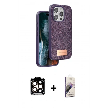 MARSİLYAN™- iPhone 15 Pro Max Kılıf Vadi Klasik Serisi - Siyah Bilvis 3D Mat Cam Ekran Koruyucu + PVD Metal Kamera Lens - TU