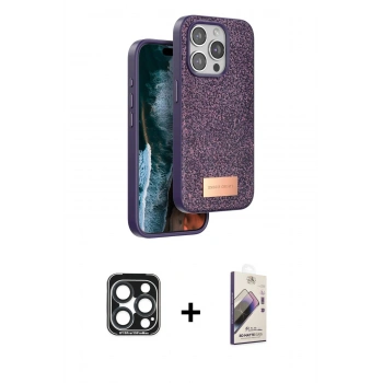 MARSİLYAN™- iPhone 15 Pro Max Kılıf Vadi Klasik Serisi - Siyah Bilvis 3D Mat Cam Ekran Koruyucu + PVD Metal Kamera Lens - LT