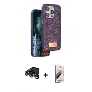 MARSİLYAN™- iPhone 15 Pro Max Kılıf Vadi Klasik Serisi - Siyah Bilvis 3D Mat Cam Ekran Koruyucu + Raze Metal Kamera Lens - GS