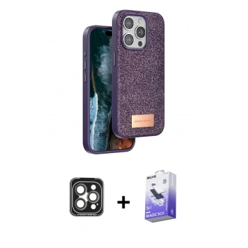 MARSİLYAN™- iPhone 15 Pro Max Kılıf Vadi Klasik Serisi - Siyah Bilvis 5in1 5D Magic Hayalet Cam Ekran Koruyucu + PVD Metal Kamera Lens - GI