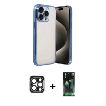 MARSİLYAN™- iPhone 15 Pro Max Kılıf Vadi Minimal - Şeffaf 360 Full Body Arka Koruyucu + PVD Metal Kamera Lens - LT