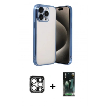 MARSİLYAN™- iPhone 15 Pro Max Kılıf Vadi Minimal - Şeffaf 360 Full Body Arka Koruyucu + PVD Metal Kamera Lens - GS