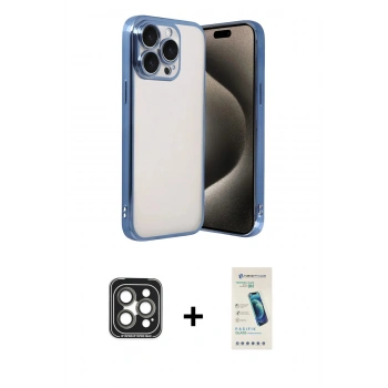 MARSİLYAN™- iPhone 15 Pro Max Kılıf Vadi Minimal - Şeffaf Pasifik Cam Ekran Koruyucu + PVD Metal Kamera Lens - GI