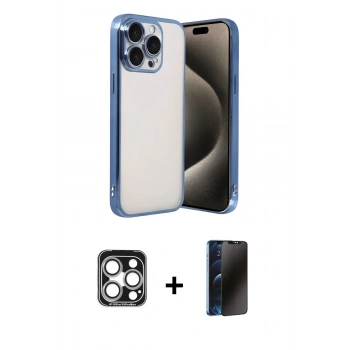 MARSİLYAN™- iPhone 15 Pro Max Kılıf Vadi Minimal - Siyah 3D Antistatik Hayalet Cam Ekran Koruyucu + PVD Metal Kamera Lens - GS