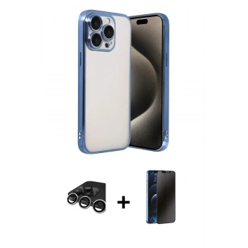 MARSİLYAN™- iPhone 15 Pro Max Kılıf Vadi Minimal - Siyah 3D Antistatik Hayalet Cam Ekran Koruyucu + Raze Metal Kamera Lens - GS