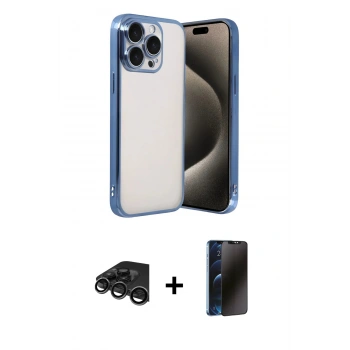 MARSİLYAN™- iPhone 15 Pro Max Kılıf Vadi Minimal - Siyah 3D Antistatik Hayalet Cam Ekran Koruyucu + Raze Metal Kamera Lens - TMGI