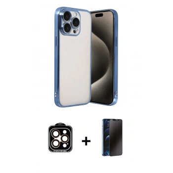 MARSİLYAN™- iPhone 15 Pro Max Kılıf Vadi Minimal - Siyah 3D Antistatik Hayalet Cam Ekran Koruyucu + PVD Metal Kamera Lens - TU