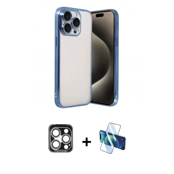 MARSİLYAN™- iPhone 15 Pro Max Kılıf Vadi Minimal - Siyah 3D Antistatik Seramik Nano Ekran Koruyucu + PVD Metal Kamera Lens - GS