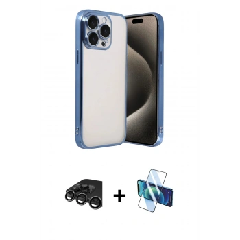 MARSİLYAN™- iPhone 15 Pro Max Kılıf Vadi Minimal - Siyah 3D Antistatik Seramik Nano Ekran Koruyucu + Raze Metal Kamera Lens - TMGI