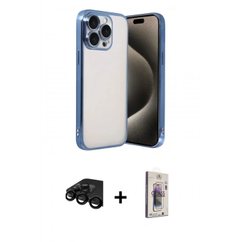 MARSİLYAN™- iPhone 15 Pro Max Kılıf Vadi Minimal - Siyah Bilvis 3D Cam Ekran Koruyucu + Raze Metal Kamera Lens - SH