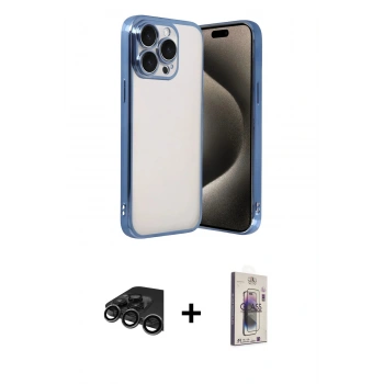 MARSİLYAN™- iPhone 15 Pro Max Kılıf Vadi Minimal - Siyah Bilvis 3D Cam Ekran Koruyucu + Raze Metal Kamera Lens - TMGI
