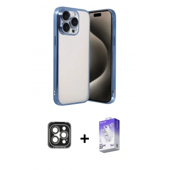 MARSİLYAN™- iPhone 15 Pro Max Kılıf Vadi Minimal - Siyah Bilvis 5in1 3D Magic Cam Ekran Koruyucu + PVD Metal Kamera Lens - GI
