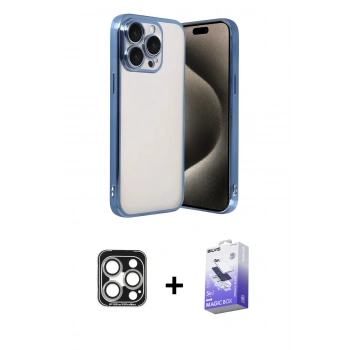 MARSİLYAN™- iPhone 15 Pro Max Kılıf Vadi Minimal - Siyah Bilvis 5in1 5D Magic Hayalet Cam Ekran Koruyucu + PVD Metal Kamera Lens - GS
