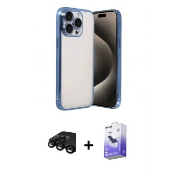 MARSİLYAN™- iPhone 15 Pro Max Kılıf Vadi Minimal - Siyah Bilvis 5in1 5D Magic Hayalet Cam Ekran Koruyucu + Raze Metal Kamera Lens - SH
