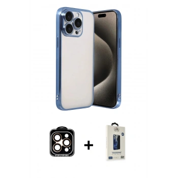 MARSİLYAN™- iPhone 15 Pro Max Kılıf Vadi Minimal - Siyah Bilvis Hayalet Cam Ekran Koruyucu + PVD Metal Kamera Lens - TU