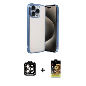 MARSİLYAN™- iPhone 15 Pro Max Kılıf Vadi Minimal - Siyah Buffer Cam Ekran Koruyucu + PVD Metal Kamera Lens - TU