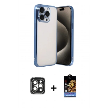 MARSİLYAN™- iPhone 15 Pro Max Kılıf Vadi Minimal - Siyah Buffer Hayalet Cam Ekran Koruyucu + PVD Metal Kamera Lens - GI