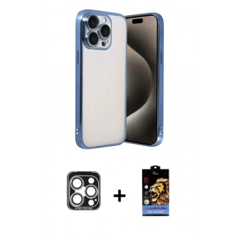 MARSİLYAN™- iPhone 15 Pro Max Kılıf Vadi Minimal - Siyah Buffer Hayalet Cam Ekran Koruyucu + PVD Metal Kamera Lens - GS