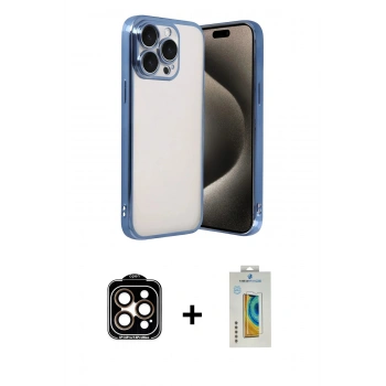 MARSİLYAN™- iPhone 15 Pro Max Kılıf Vadi Minimal - Siyah Polymer Nano Ekran Koruyucu + PVD Metal Kamera Lens - TU