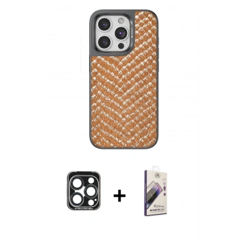 MARSİLYAN™- iPhone 15 Pro Max Kılıf Vadi Özel Seri - Siyah Bilvis 3D Mat Cam Ekran Koruyucu + PVD Metal Kamera Lens - LT