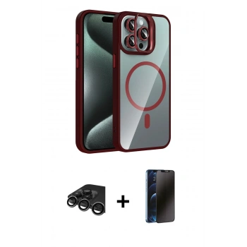MARSİLYAN™- iPhone 15 Pro Max Kılıf Yadigar Asil Koleksiyonu - Siyah 3D Antistatik Hayalet Cam Ekran Koruyucu + Raze Metal Kamera Lens - TMGI