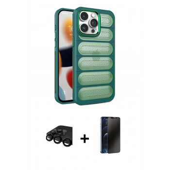 MARSİLYAN™- iPhone 15 Pro Max Kılıf Yadigar Doku Özel Seri - Siyah 3D Antistatik Hayalet Cam Ekran Koruyucu + Raze Metal Kamera Lens - SH