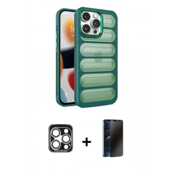 MARSİLYAN™- iPhone 15 Pro Max Kılıf Yadigar Doku Özel Seri - Siyah 3D Antistatik Hayalet Cam Ekran Koruyucu + PVD Metal Kamera Lens - GS