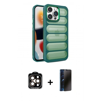 MARSİLYAN™- iPhone 15 Pro Max Kılıf Yadigar Doku Özel Seri - Siyah 3D Antistatik Hayalet Cam Ekran Koruyucu + PVD Metal Kamera Lens - TU